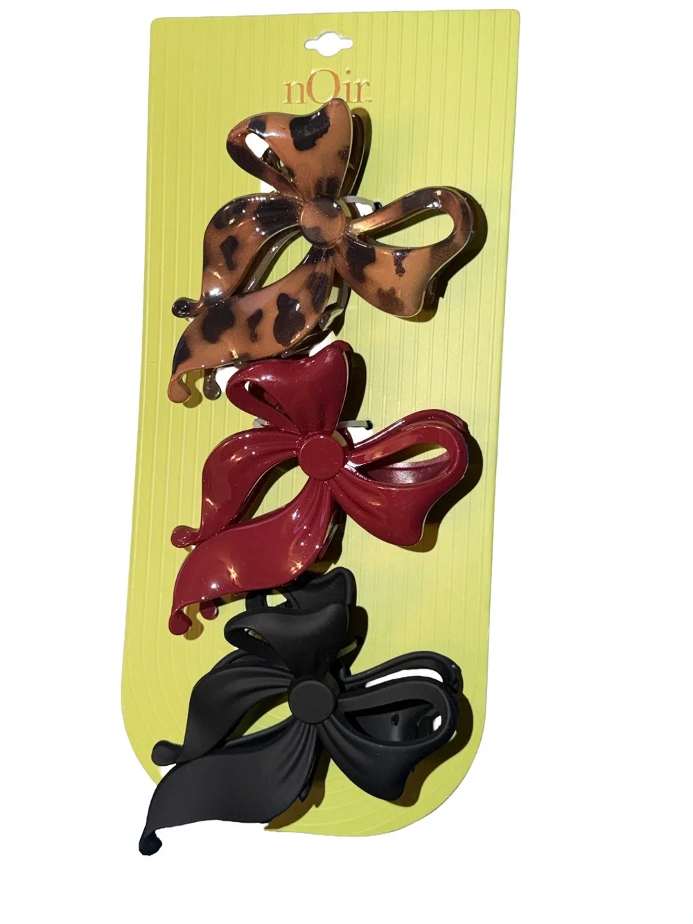 nOir Bow Hair Clips - Leopard, Burgundy, Matte Black (Set of 3)